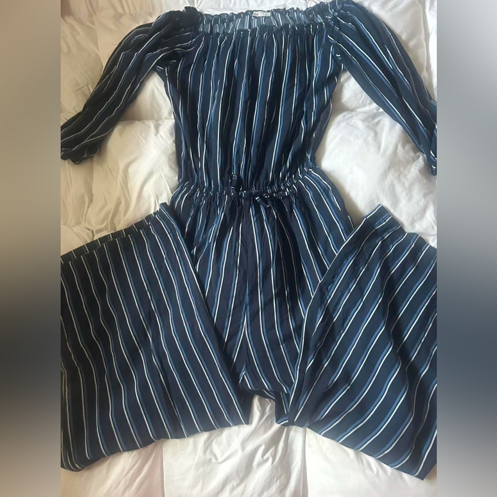 Oster Navy Striped Off-Shoulder Jumpsuit